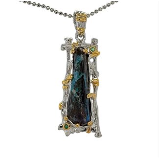 Boulder Opal emerald accented pendant sterling silver/gold vermeil w/chain 8.0 gr