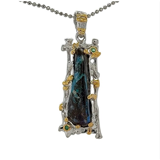 Boulder Opal emerald accented pendant sterling silver/gold vermeil w/chain 8.0 gr