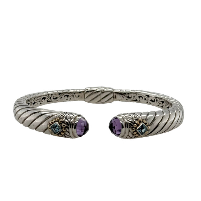 Amethyst/blue topaz bali bangle sterling silver/18k yellow gold vermeil