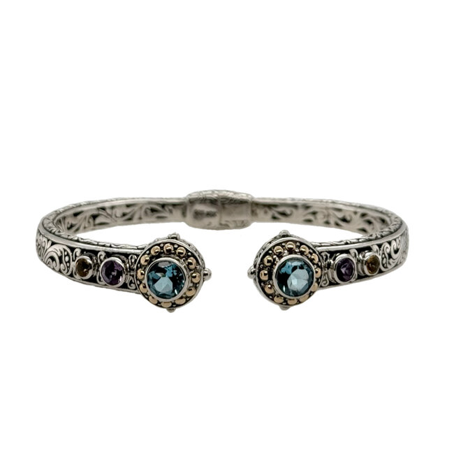 Blue Topaz, amethyst, citrine bali bangle sterling silver/18k yellow gold vermeil