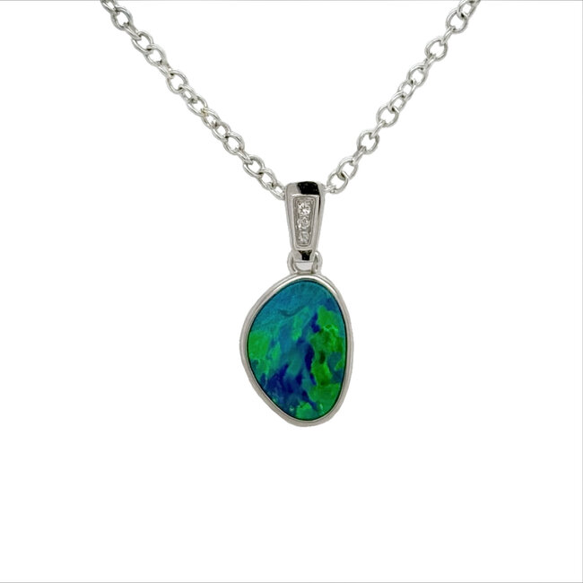 Opal freeform (1.79ct) diamond accented pendant 14k white gold 0.8 gr