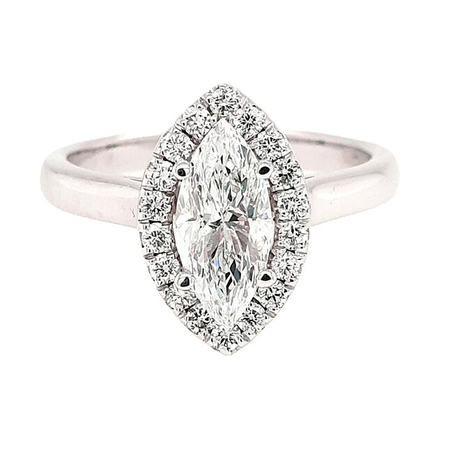 Diamond (1.30 ctw/1.0 ct ctr) marquise halo ring 14k white gold D/SI1 4.2 gr