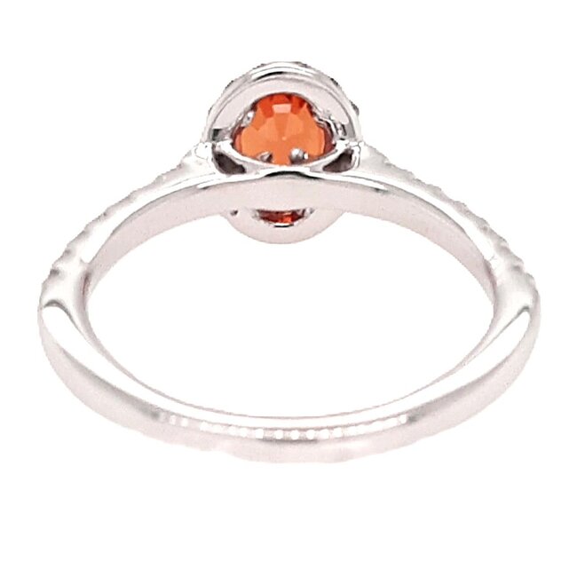 Orange Sapphire (0.87 ct) & diamond (0.25 ctw) oval halo ring 14k white gold 2.8 gr