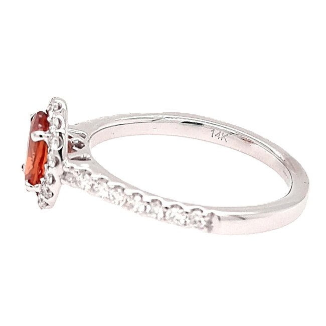 Orange Sapphire (0.87 ct) & diamond (0.25 ctw) oval halo ring 14k white gold 2.8 gr