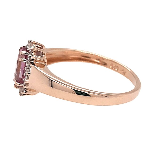 Pink Sapphire (0.95 ct) & diamond (0.18 ctw) oval halo ring 14k yellow gold 2.5 gr