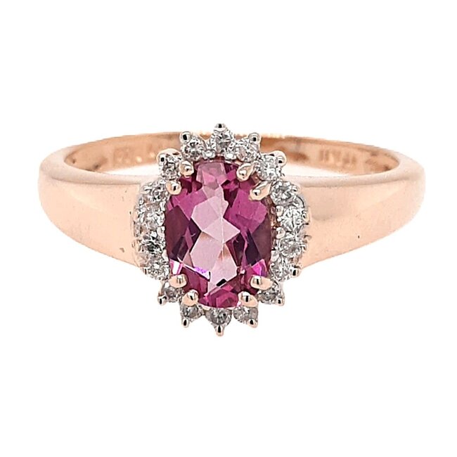 Pink Sapphire (0.95 ct) & diamond (0.18 ctw) oval halo ring 14k yellow gold 2.5 gr