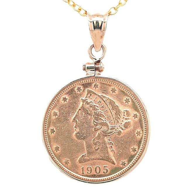 1905  Five dollar gold coin pendant  21.5mm 8.3 gr