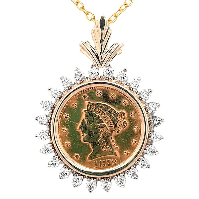 1873 2.5 dollar gold coin pendant w/diamond (0.75 ctw) bezel 17.75 mm 4.2 gr