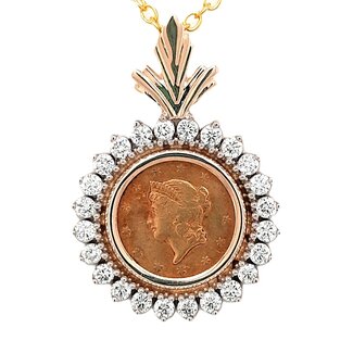 1851 one dollar gold coin w/diamond (0.75 ctw) bezel 13mm  1.7 gr