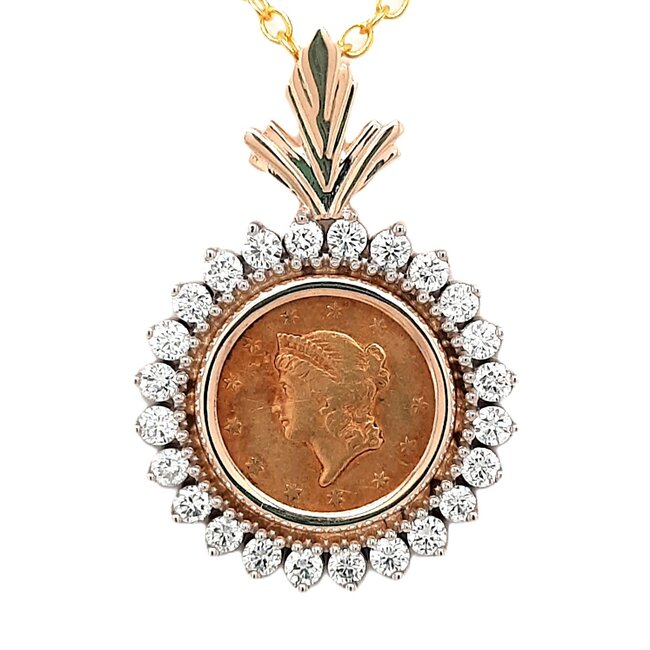 1851 one dollar gold coin w/diamond (0.75 ctw) bezel 13mm  1.7 gr