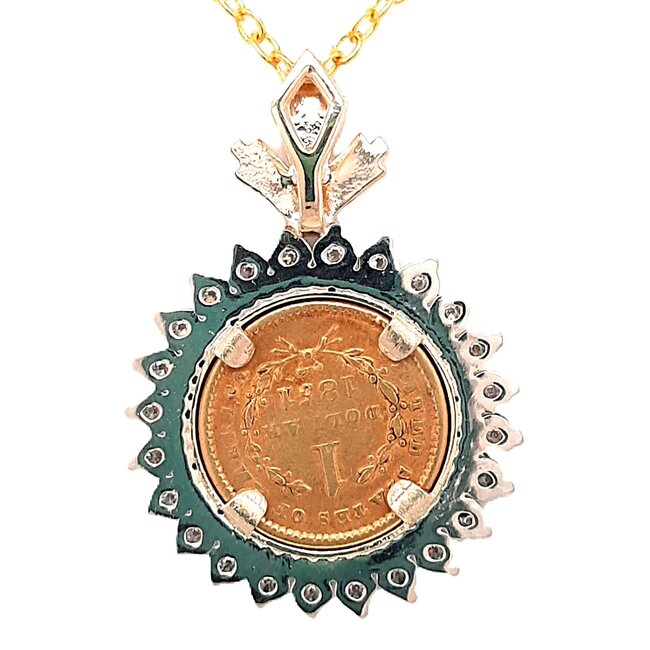 1851 one dollar gold coin w/diamond (0.75 ctw) bezel 13mm  1.7 gr