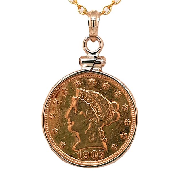 1907 2.5 dollar gold coin pendant 17.75 mm 4.2 gr