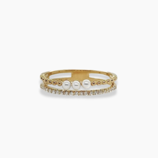 Seed pearl & diamond (0.13 ctw) 2 row ring 14k yellow gold 2.1 gr