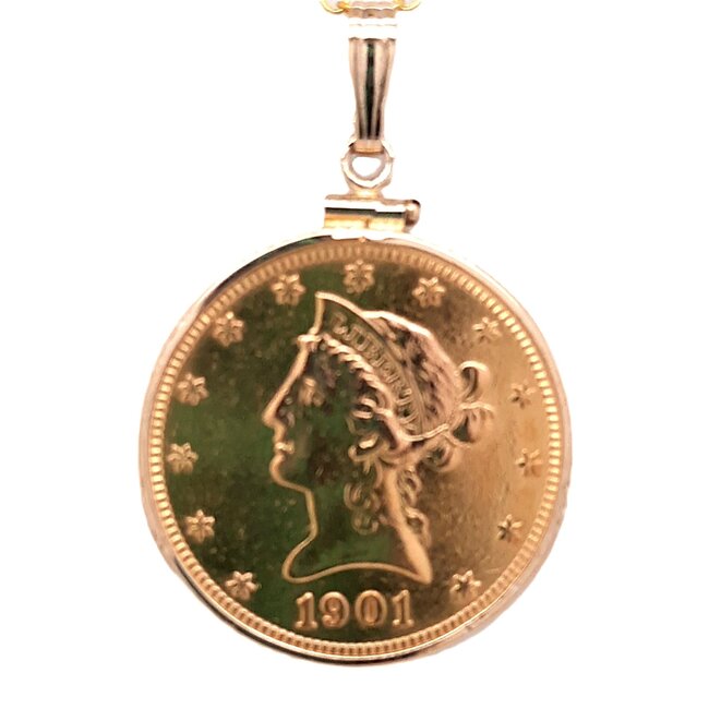 1901 Gold Eagle, Liberty $10 coin pendant 14k bezel 18 gr