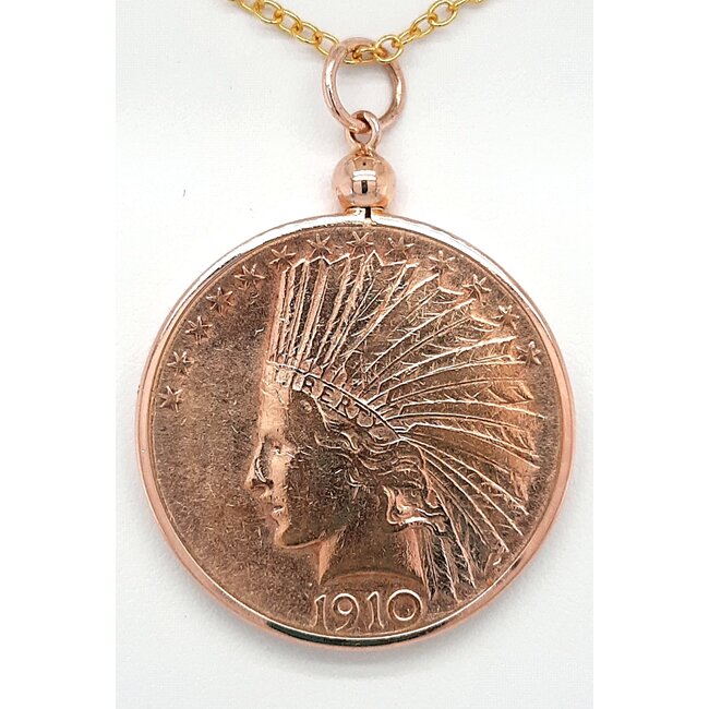 1910 Gold Eagle, Indian head $10 coin pendant 14k yellow gold bezel 17.6 gr