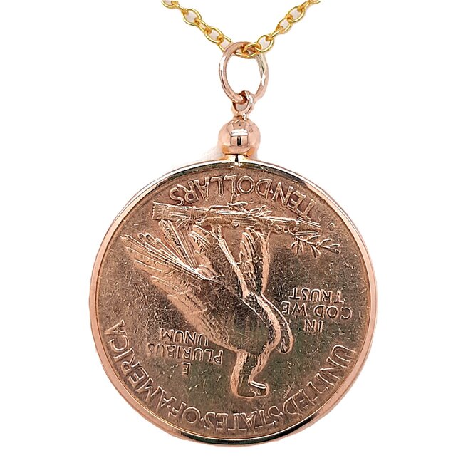1910 Gold Eagle, Indian head $10 coin pendant 14k yellow gold bezel 17.6 gr