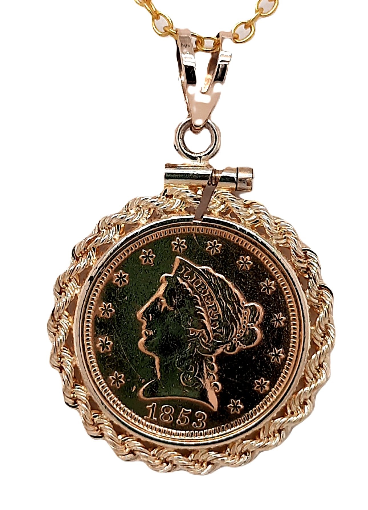 希少U.S.ステンシル有 ジョングラッコーURSLATROUSERS 1853 Eagle, Liberty gold coin 2.5 dollars pendant 14k yellow gold