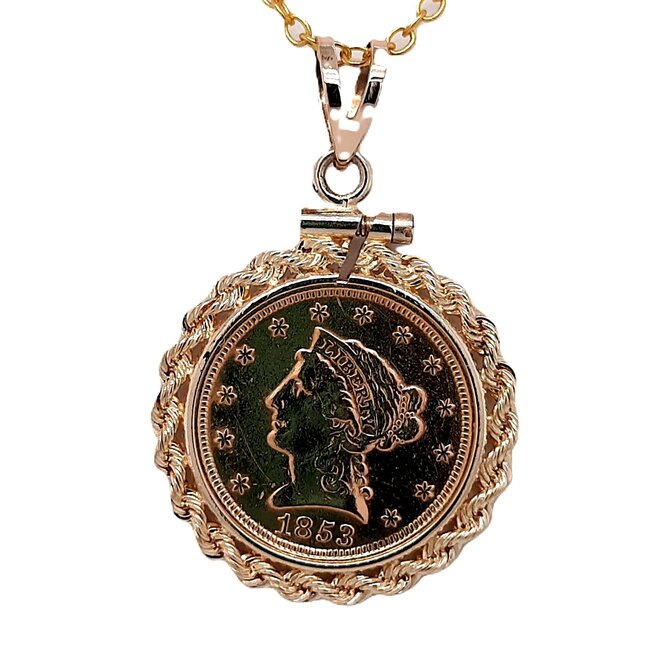1853 Eagle, Liberty gold coin 2.5 dollars pendant 14k yellow gold bezel 6.1 gr