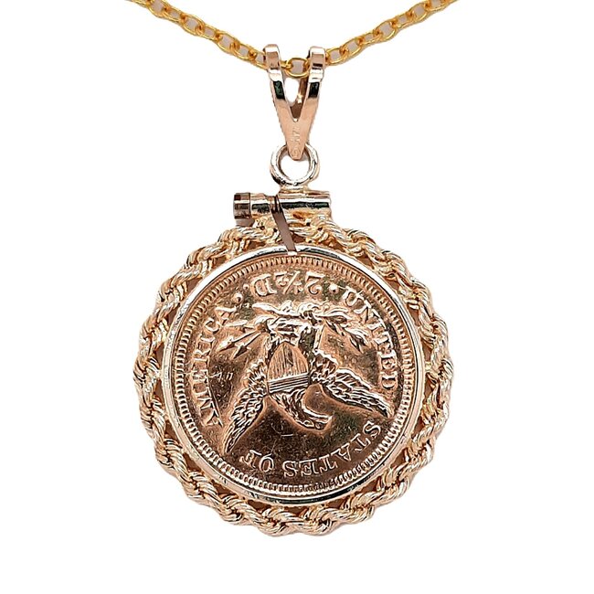 1853 Eagle, Liberty gold coin 2.5 dollars pendant 14k yellow gold bezel 6.1 gr