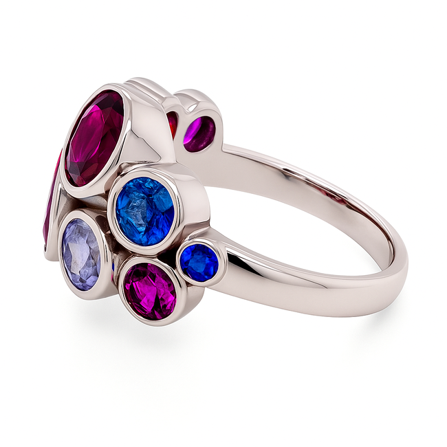 TQ Original Multi - gem (4.80 ctw) bezel set ring 14k white gold 8.3  gr