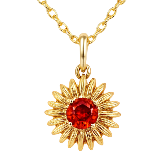 Mandarin orange garnet (0.80 ct) sunflower pendant 14k yellow gold 2.1 gr