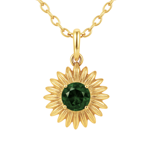Green Tourmaline (0.75 ct) sunflower pendant 14k yellow gold 2.1 gr