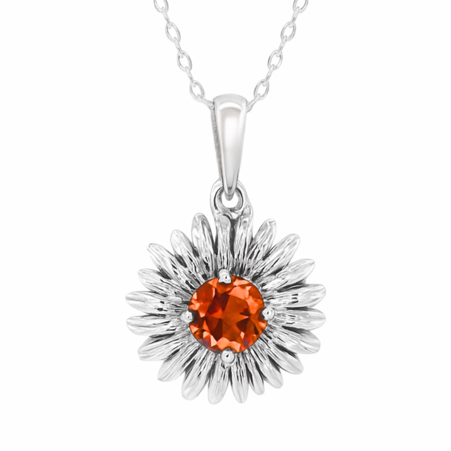 Mandarin orange garnet (0.80 ct) sunflower pendant 14k white gold 2.1 gr