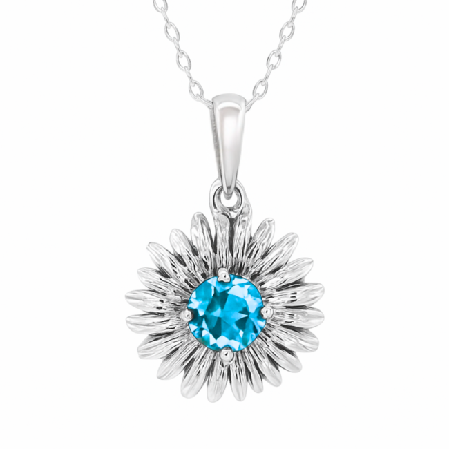 Blue topaz (1.27 ct) sunflower pendant 14k white gold 2.4 gr