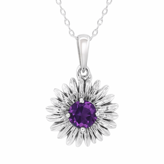 Amethyst  (0.50 ct) sunflower pendant 14k white gold 2.1 gr