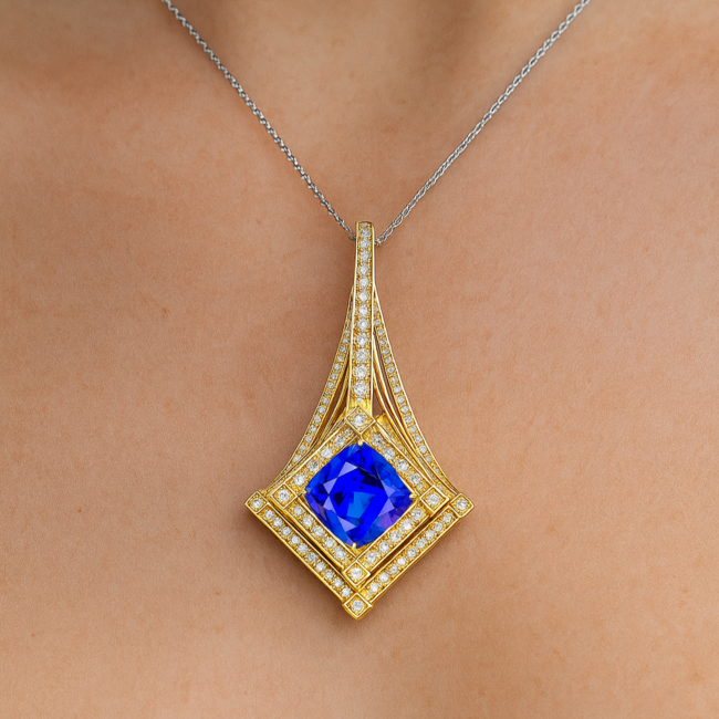 TQ Original Tanzanite (12.63 ct) & diamond (1.5 ctw) pendant 18k yellow gold 31.5 gr