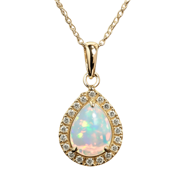 Opal (1.5 ct) & diamond (0.20 ctw) pear pendant w/chain 10k yellow gold 2.0gr