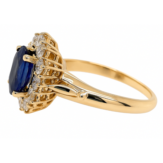 Blue Sapphire    (2.65 ct) & diamond (1.00 ctw) oval halo ring 18k yellow gold 6.0 gr