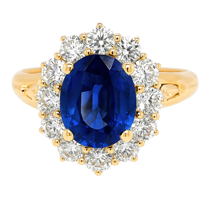 Blue Sapphire    (2.65 ct) & diamond (1.00 ctw) oval halo ring 18k yellow gold 6.0 gr