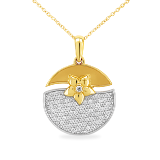 Diamond (1/4 ctw) disc with flower pendant, 14k white and yellow gold