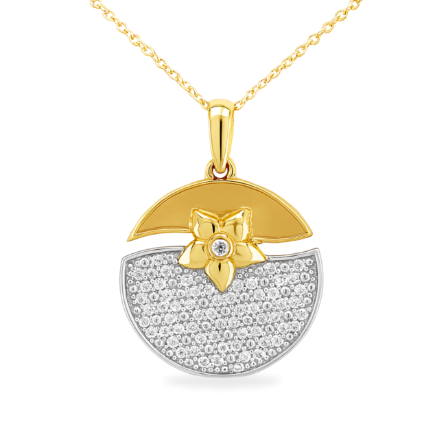 Diamond (1/4 ctw) disc with flower pendant, 14k white and yellow gold
