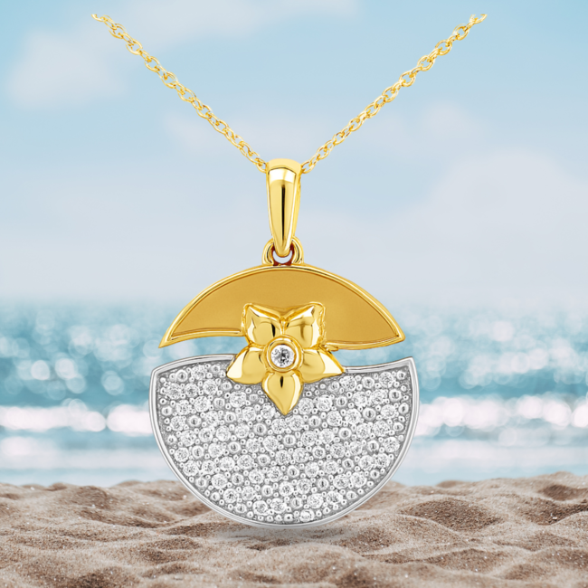 Diamond (1/4 ctw) disc with flower pendant, 14k white and yellow gold