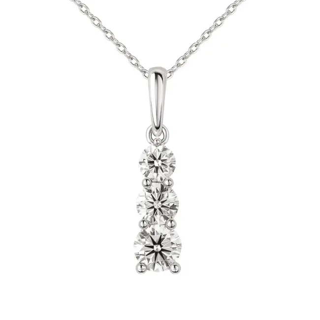 LAB GROWN Diamond (1.5 ctw) graduated 3 stone pendant w/chain 14k white gold 3.2 gr