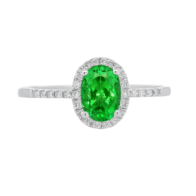 Green garnet (0.69 ct) & diamond (0.11 ctw) halo ring 14k white gold