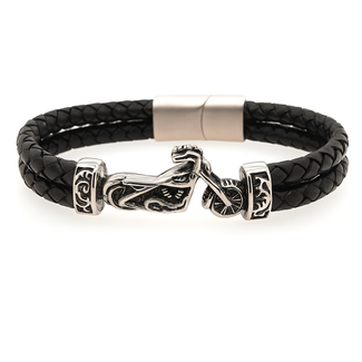 Men's 8.5" black leather bracelet with stainless steel Harley clasp