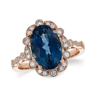 London blue topaz (3.8 ctw) & diamond (0.26 ctw) vintage halo ring 14k rose gold 4.3 gr