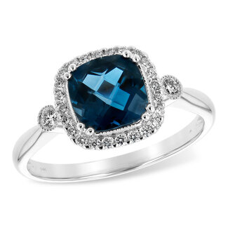 London blue topaz (1.62 ct) & diamond (0.16 cw) square halo ring 14k white gold 2.9 gr