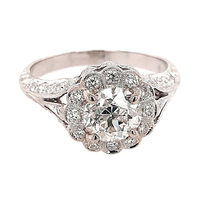 Diamond (1.19 ct) old european cut round in hand carved halo setting 14k white gold 3.2 gr