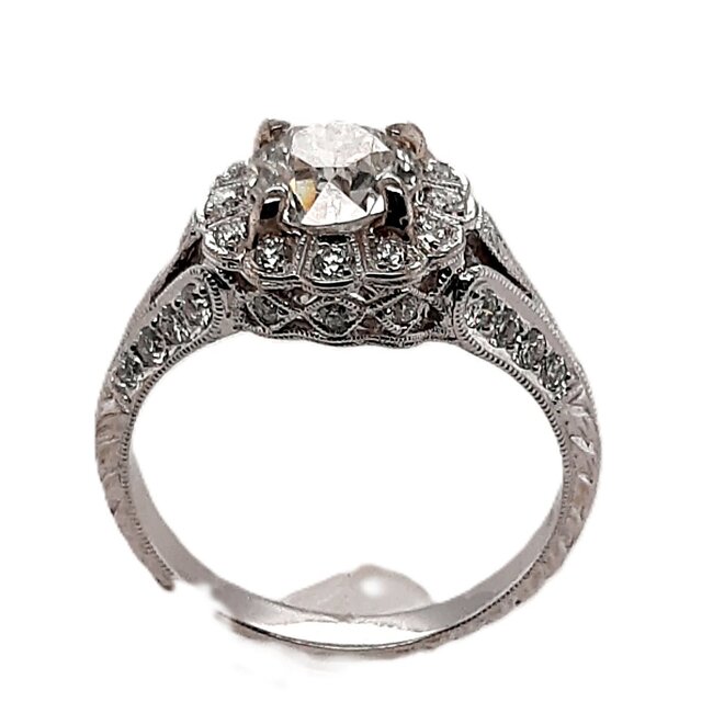 Diamond (1.19 ct) old european cut round in hand carved halo setting 14k white gold 3.2 gr