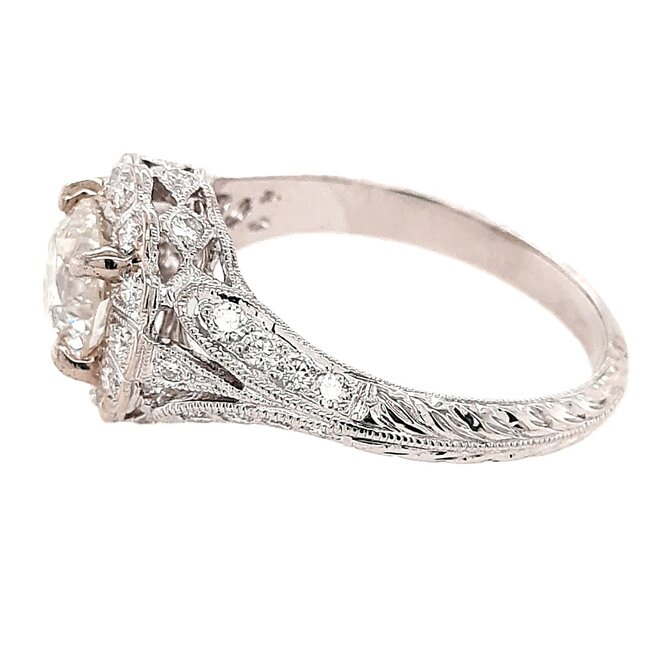 Diamond (1.19 ct) old european cut round in hand carved halo setting 14k white gold 3.2 gr