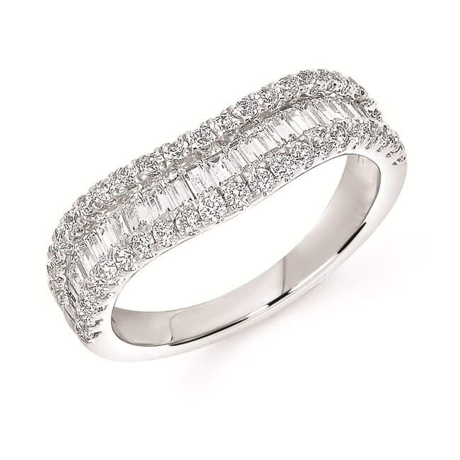 Diamond (1.02 ctw) baguette/round 3 row contour band 14k white gold