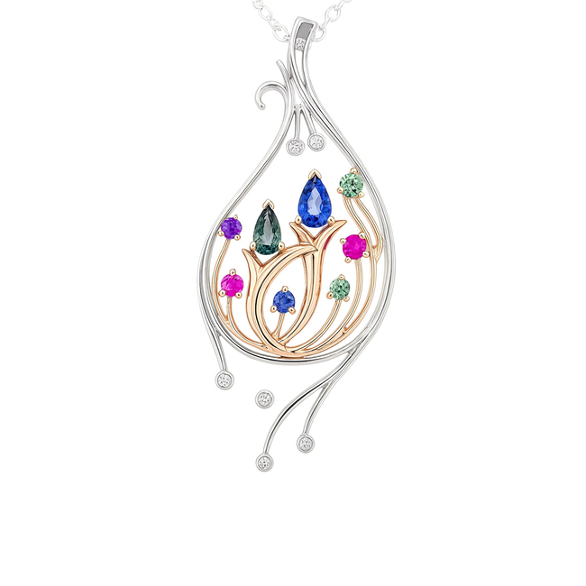 TQ Original multi color sapphire (0.86 ctw) & diamond (0.14 ctw) pendant 14k white & yellow gold 6.0 gr