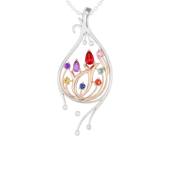 TQ Original multi color sapphire (0.86 ctw) & diamond (0.14 ctw) pendant 14k white & yellow gold 6.0 gr