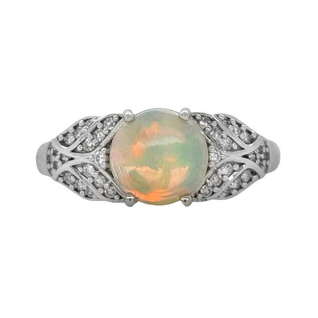 1.18 ct  Opal & diamond (0.20 ctw) cabochon ring 18k white gold 4.9 gr