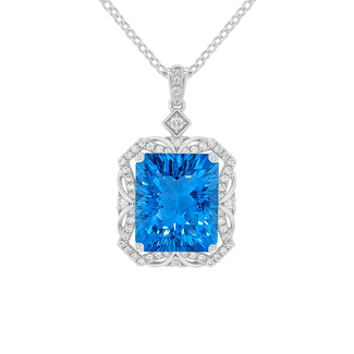 Blue topaz (7.5 ct) & diamond (0.23 ctw) fancy cut pendant 14k white gold 4.0 gr