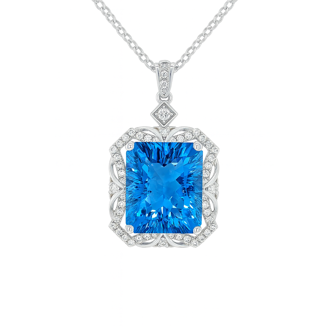 Blue topaz (7.5 ct) & diamond (0.23 ctw) fancy cut pendant 14k white gold 4.0 gr